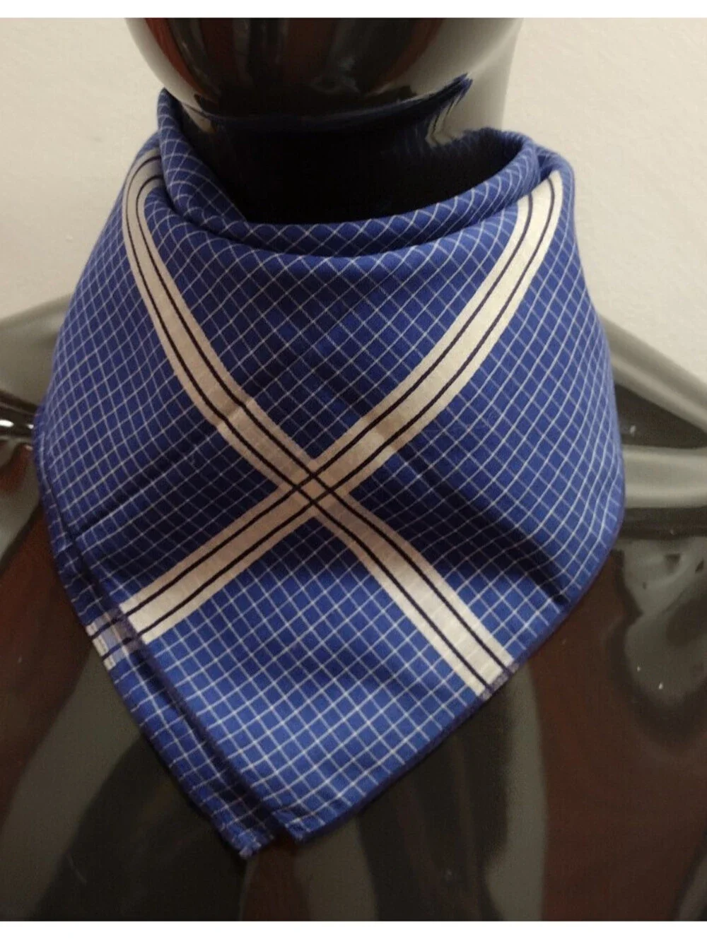 Vintage 1950s Men's Cotton Handkerchief Scarf Blue Squares Cream White Stripes